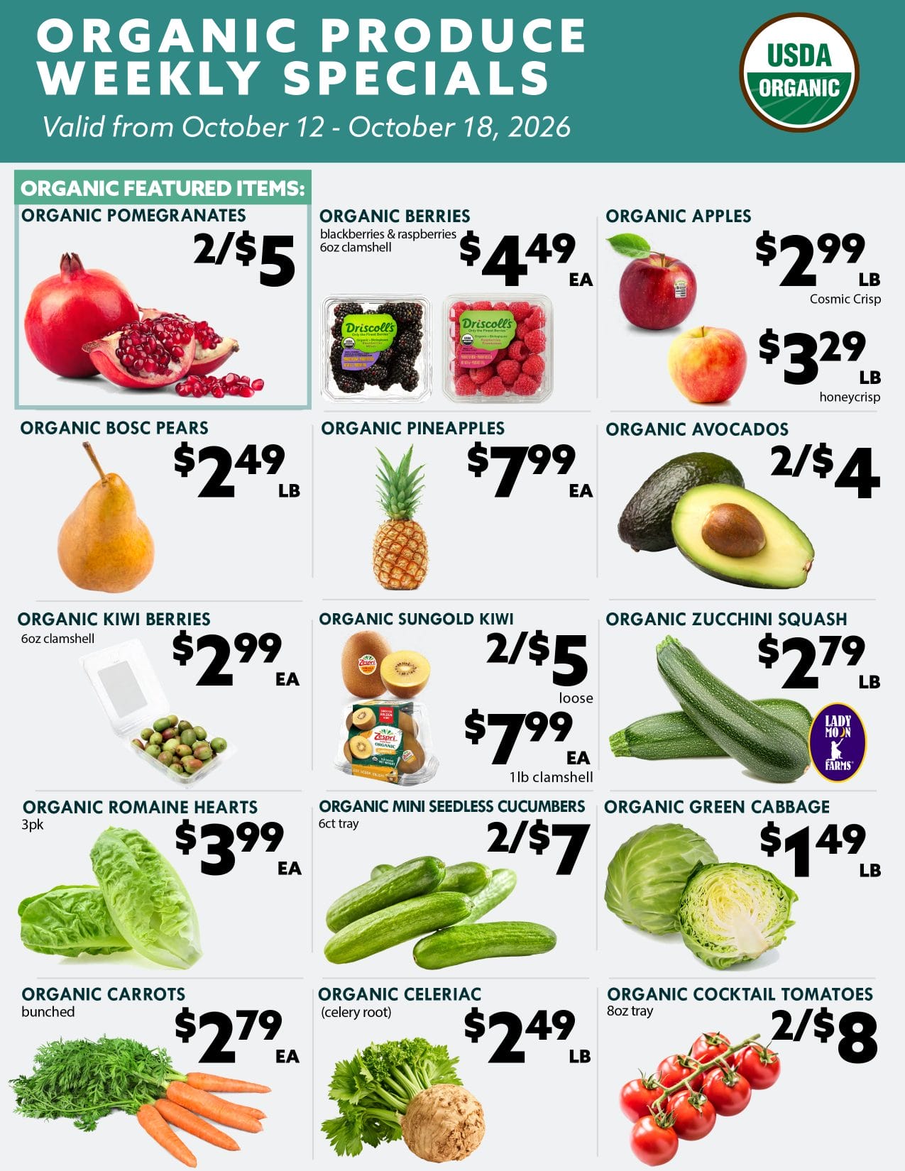 Organic Produce Weekly Specials, valid October 12 to October 18, 2026